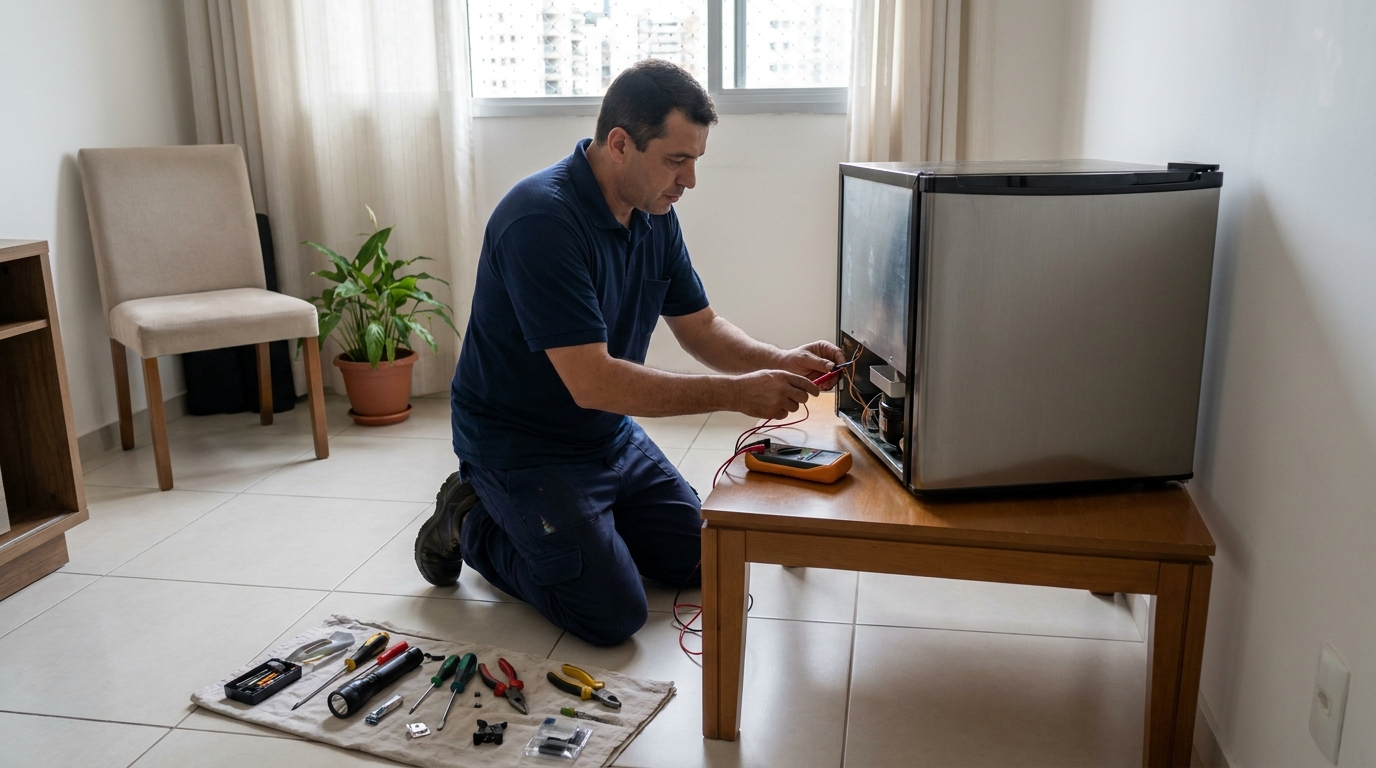 Técnico revisando o motor de um frigobar em Belém‑PA