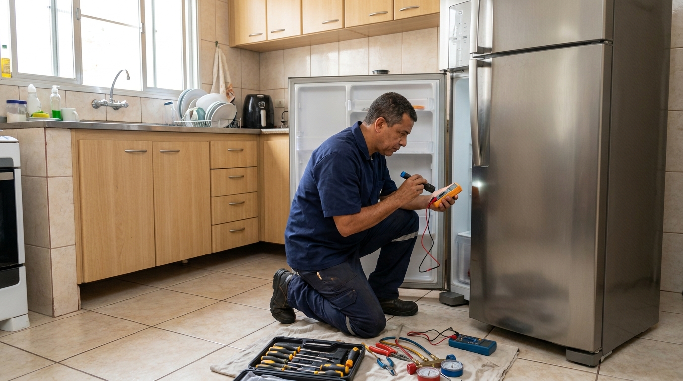 Técnico fazendo recarga de gás em geladeira de cliente em Cotijuba, Belém‑PA