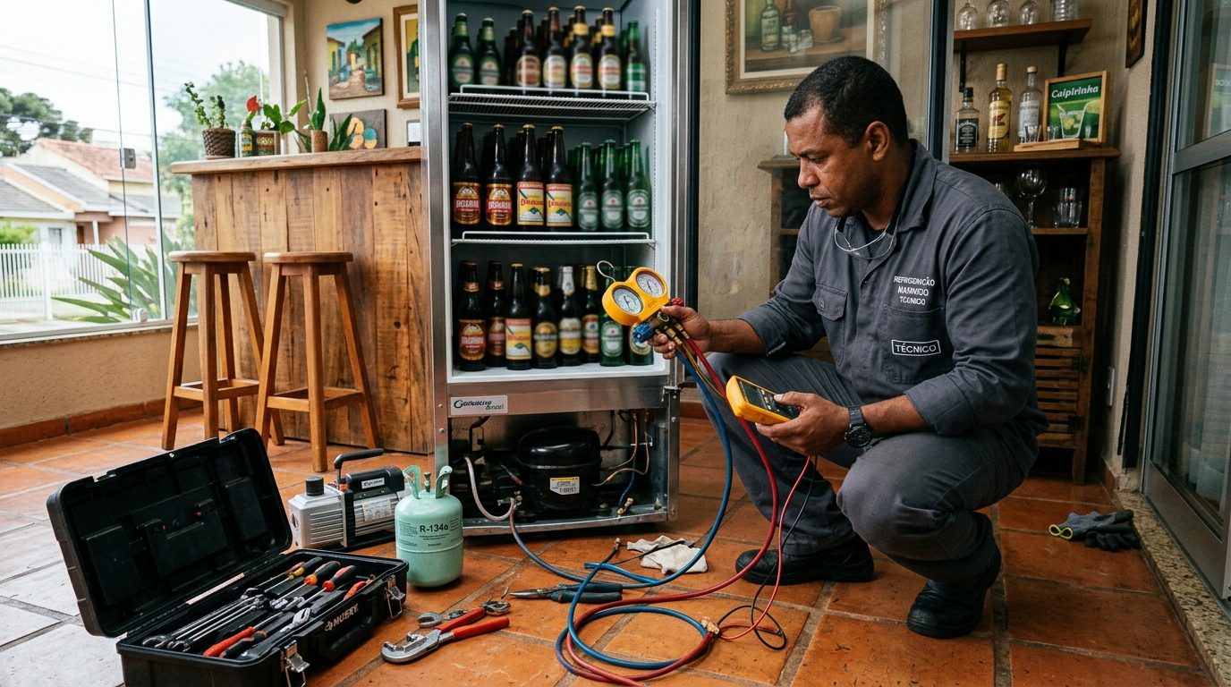 Técnico conferindo a temperatura de uma cervejeira durante atendimento em Belém‑PA