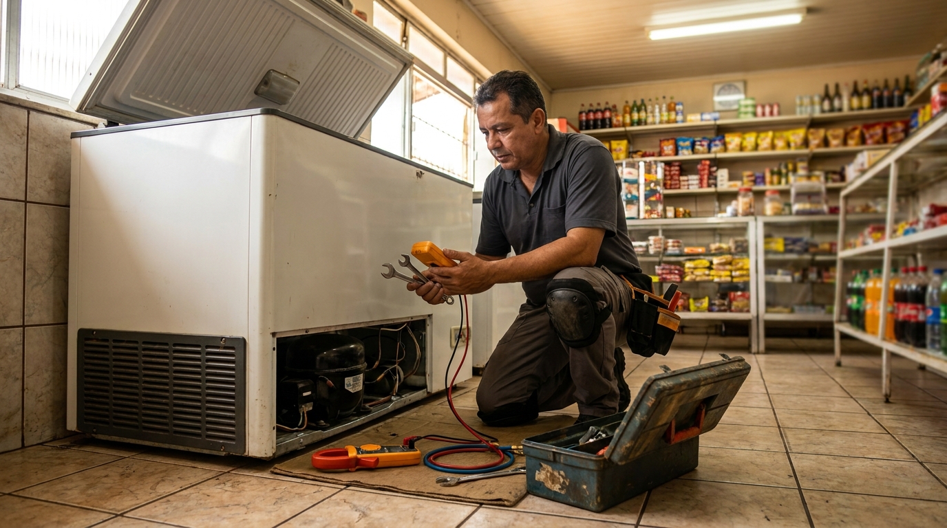 Técnico avaliando um freezer vertical durante atendimento em Belém‑PA